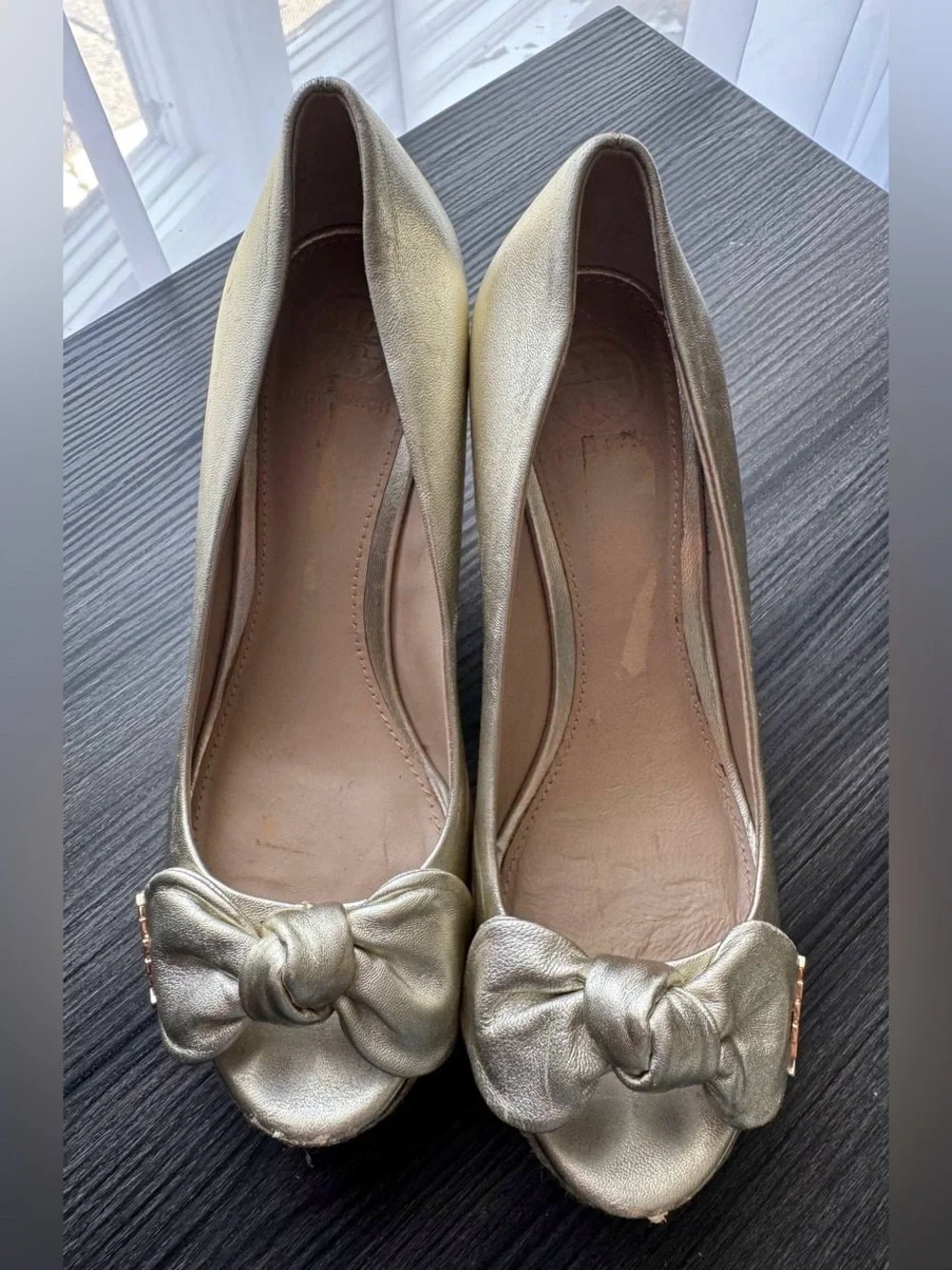 Tory Burch Metallic Gold Espadrille Wedges Size 6